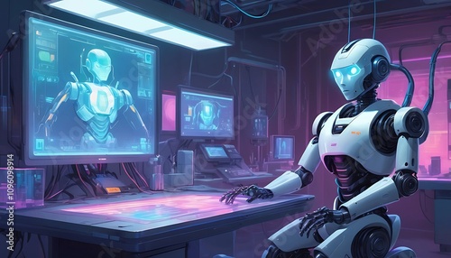 A sci-fi illustration of a humanoid robot in a high-tech lab with glowing holographic screens.