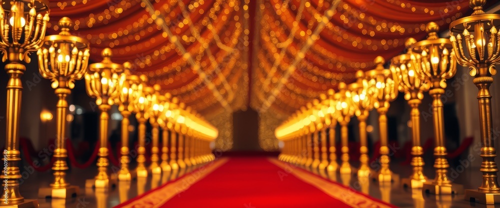 Obraz premium Red carpet, night event with blurred lights and peoples crowd