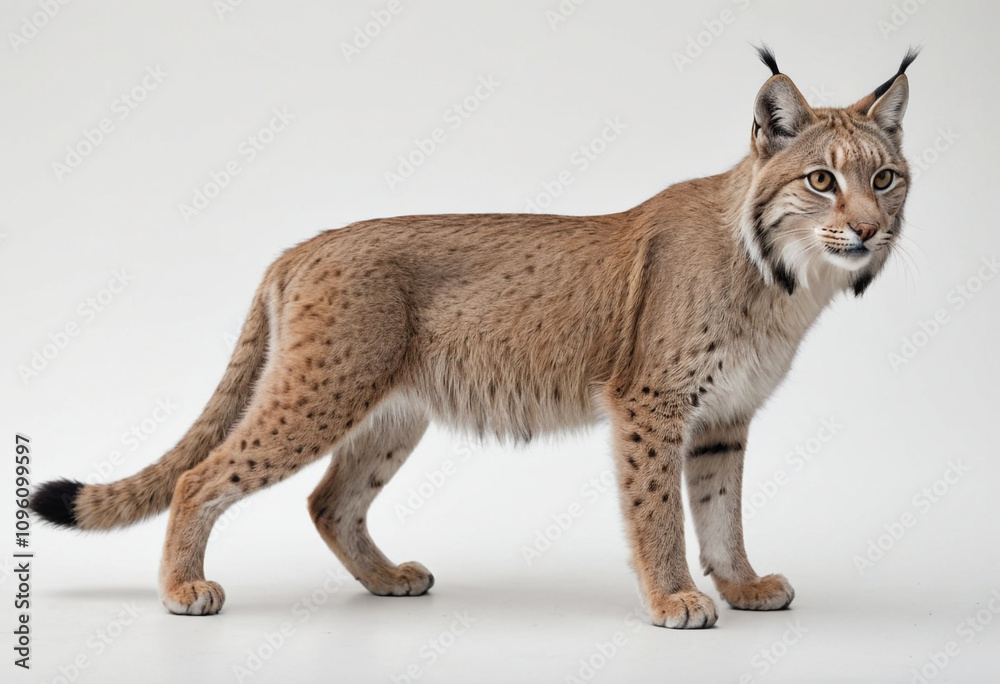 Fototapeta premium standard Lynx right side view. Full figure visible, flat white background, no shadows, head and legs visible, ultra detailed, photorealistic 400mm lens, low angle