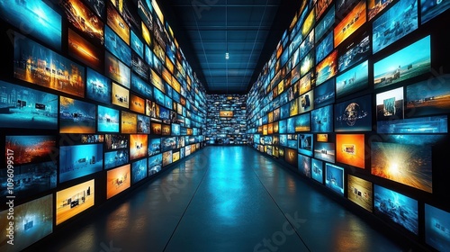 Digital Video Wall Displays Diverse Content in a Futuristic Corridor Setting
