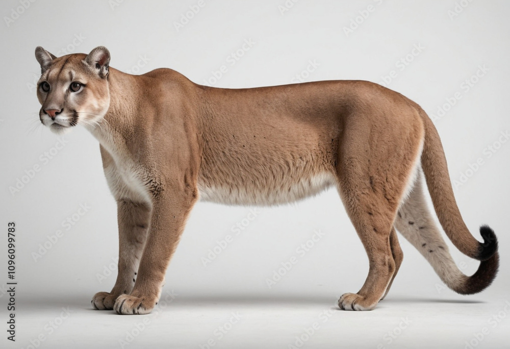 Naklejka premium standard Cougar right side view. Full figure visible, flat white background, no shadows, head and legs visible, ultra detailed, photorealistic 400mm lens, low angle