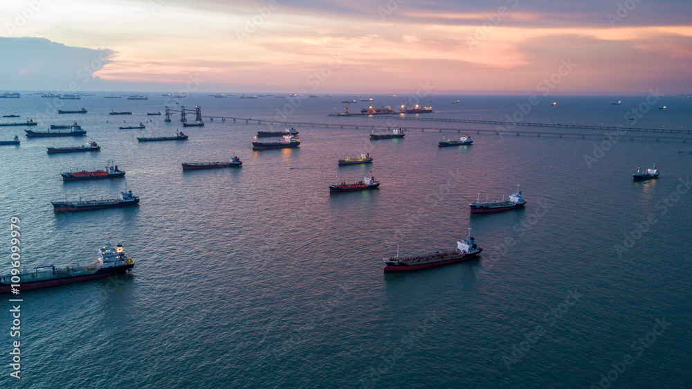 Fototapeta premium Aerial view oil and gas tanker ship transportation logistic oil and gas refinery, Oil and gas tanker ship global business cargo freight logistic transportation refinery by tanker ship.