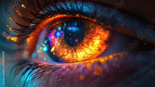 human eye zoomed in laser show iris with a big rave mirroring inside it, very detailed human eye, big rave, big laser show, big party, hardstyle, Lighting, Global Illumination, Ray Tracing Reflections