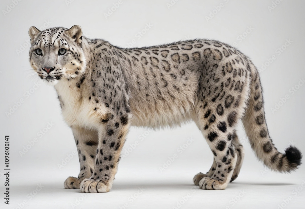 standard Snow Leopard right side view. Full figure visible, flat white background, no shadows, head and legs visible, ultra detailed, photorealistic 400mm lens, low angle standard Snow Leopard right side view. Full figure visible, flat white background, no shadows, head and legs visible, ultra detailed, photorealistic 400mm lens, low angle