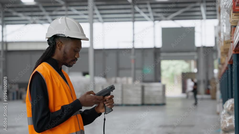 Worker scanning inventory with handheld device in warehouse