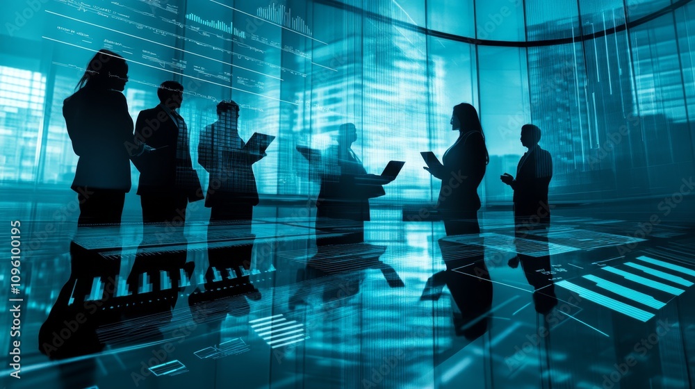 Business meeting overview urban office digital environment professional atmosphere silhouetted perspective collaboration concept Business meeting overview urban office digital environment professional atmosphere silhouetted perspective collaboration concept