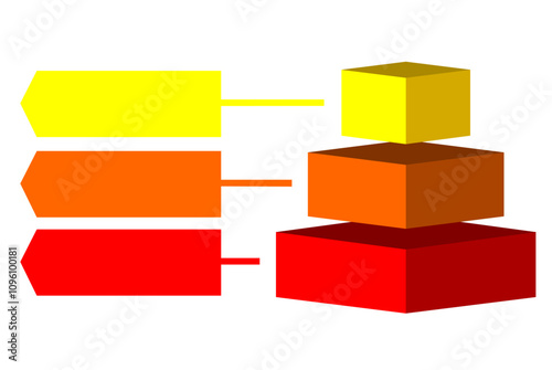 Infographic statistical hierarchical vector of red with orange and yellow square box divided, Pyramid shape graphic made of three layers for presenting business ideas or disparity and statistical