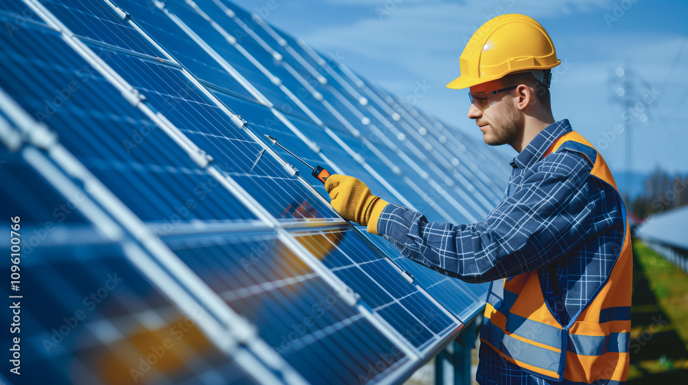 Engineer or worker work installing solar cells on solar roof panel. Engineer or worker work installing solar cells on solar roof panel.