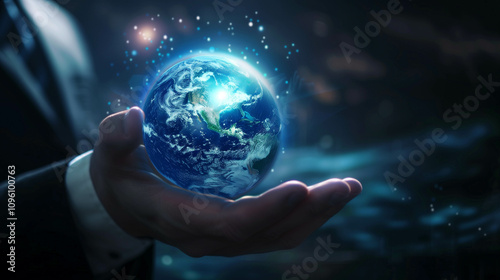 Businessman hand holding The metaverse universe,night grow earth and global online.