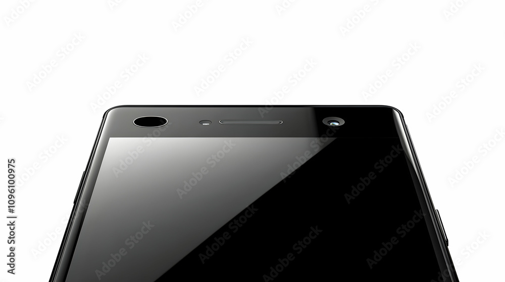 A Close-Up View of a Black Smartphone's Top Edge Displaying the Front-Facing Camera and Speaker Grill with a White Background, Highlighting the Sleek and Minimalist Design. A Close-Up View of a Black Smartphone's Top Edge Displaying the Front-Facing Camera and Speaker Grill with a White Background, Highlighting the Sleek and Minimalist Design.