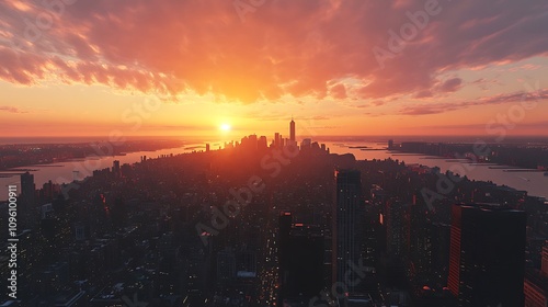 Vibrant sunset illuminating the iconic landmarks in New York City image