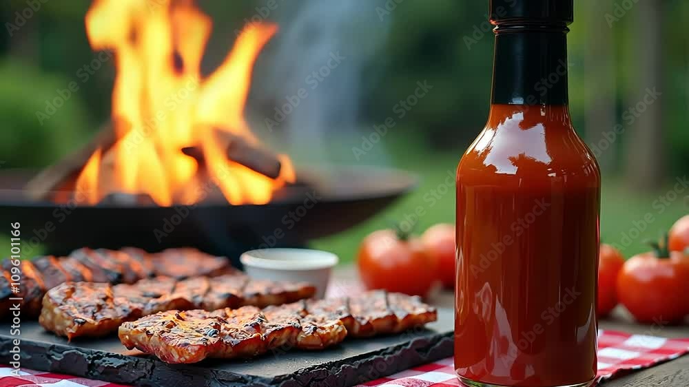 Grilled chicken and sauce with open flame bbq in scenic outdoors