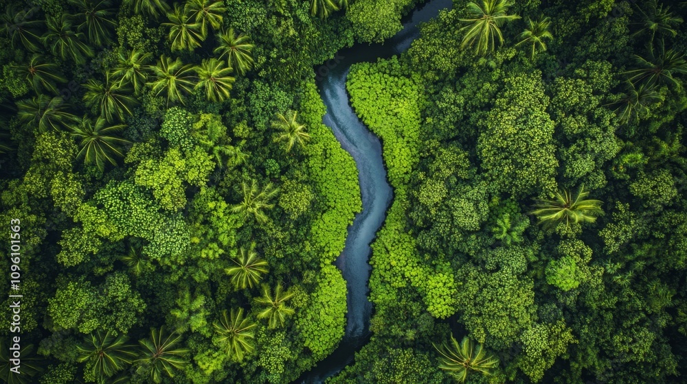 Exploring lush green river winding through dense jungle canopy aerial view nature photography tropical environment serenity concept