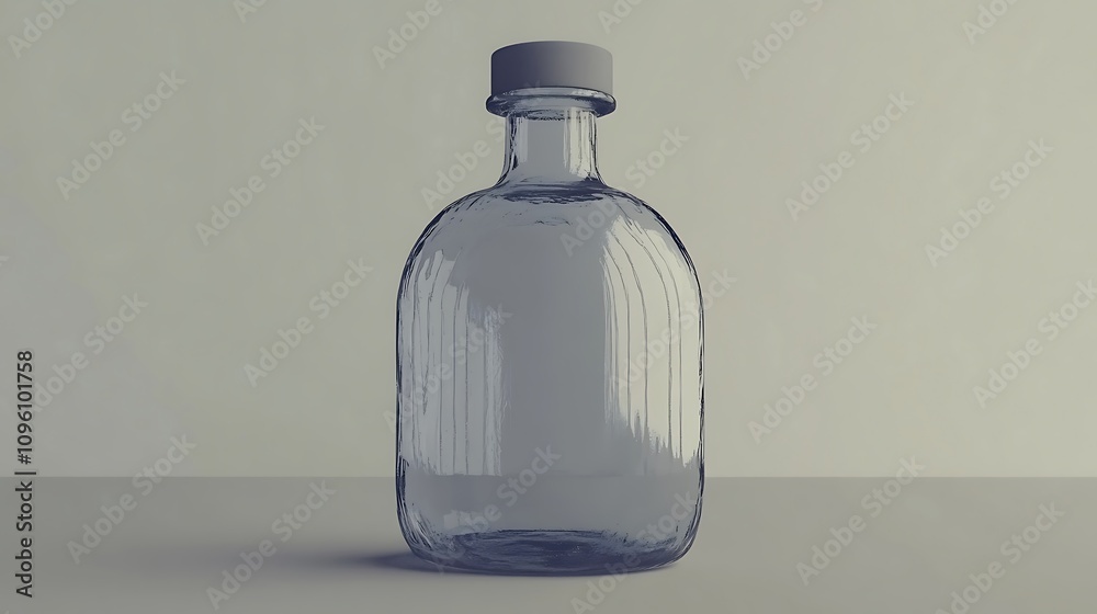 Empty clear glass bottle with a cap on a plain surface. Empty clear glass bottle with a cap on a plain surface.