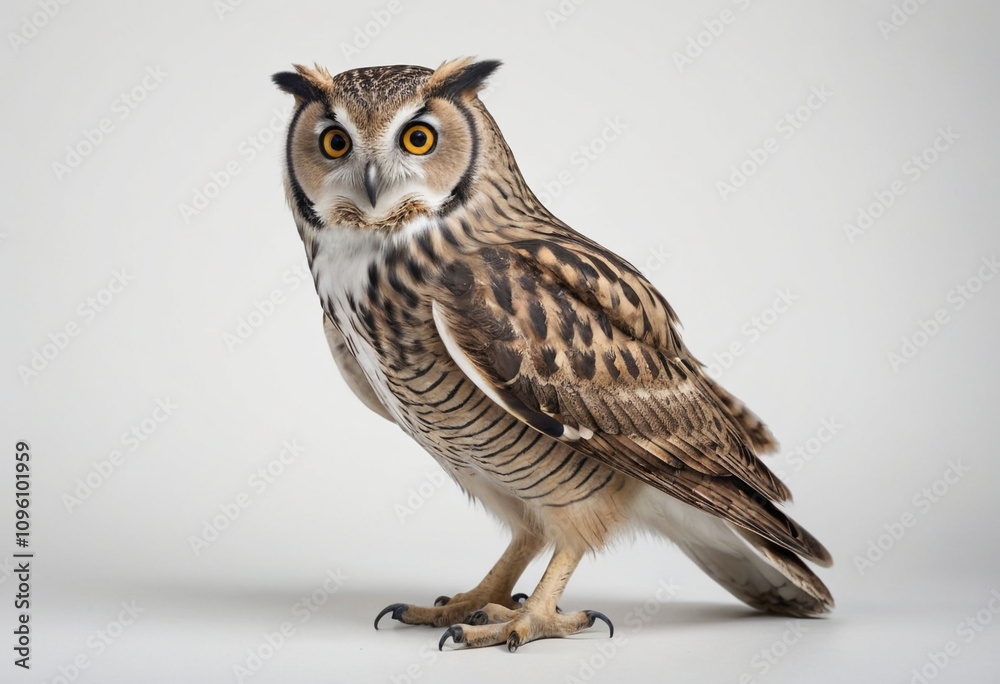 standard Owl right side view. Full figure visible, flat white background, no shadows, head and legs visible, ultra detailed, photorealistic 400mm lens, low angle standard Owl right side view. Full figure visible, flat white background, no shadows, head and legs visible, ultra detailed, photorealistic 400mm lens, low angle