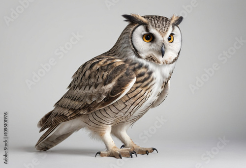  standard Owl right side view. Full figure visible, flat white background, no shadows, head and legs visible, ultra detailed, photorealistic 400mm lens, low angle  photo