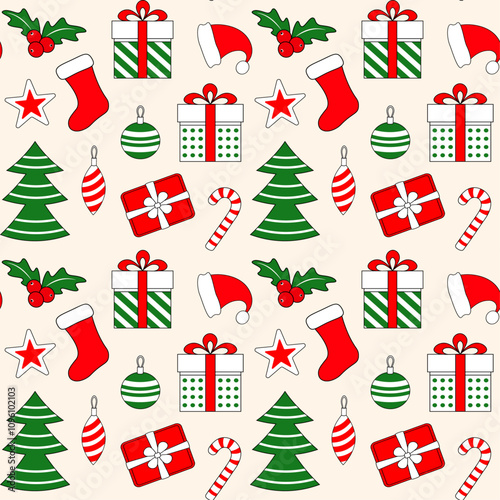 New Year and Christmas colorful icons on yellow beige background seamless vector pattern