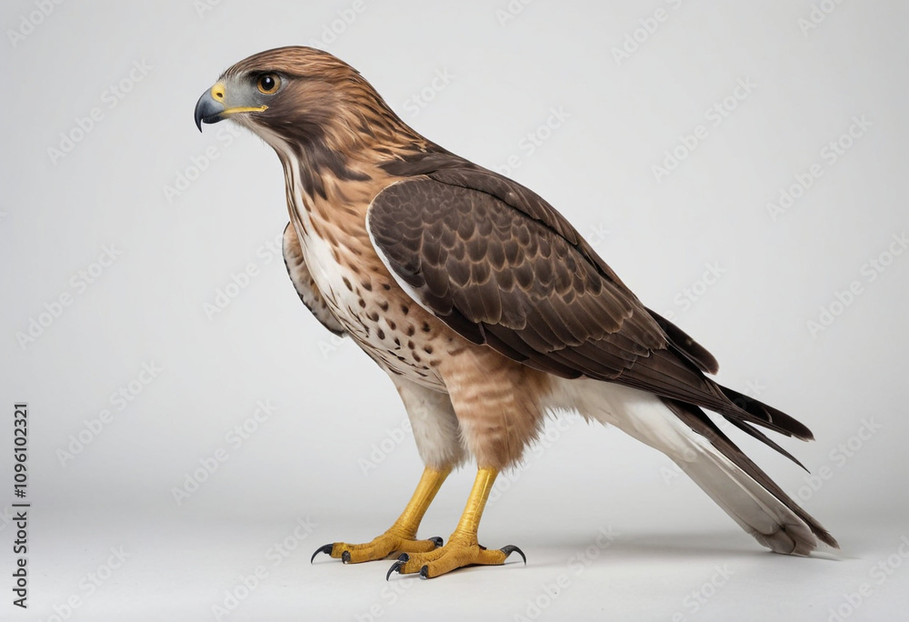 standard Hawk right side view. Full figure visible, flat white background, no shadows, head and legs visible, ultra detailed, photorealistic 400mm lens, low angle standard Hawk right side view. Full figure visible, flat white background, no shadows, head and legs visible, ultra detailed, photorealistic 400mm lens, low angle