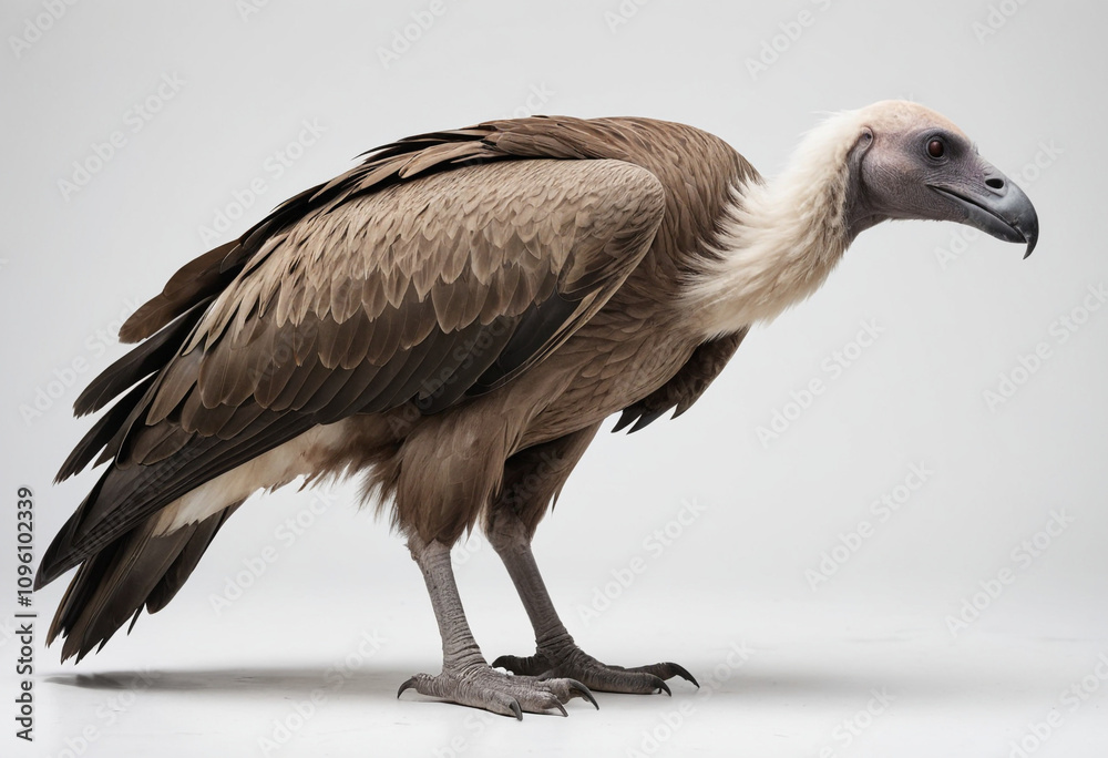 standard Vulture right side view. Full figure visible, flat white background, no shadows, head and legs visible, ultra detailed, photorealistic 400mm lens, low angle standard Vulture right side view. Full figure visible, flat white background, no shadows, head and legs visible, ultra detailed, photorealistic 400mm lens, low angle