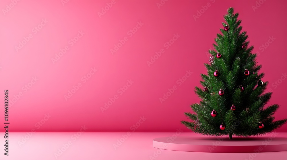 A small christmas tree with red ornaments on a pink background A small christmas tree with red ornaments on a pink background