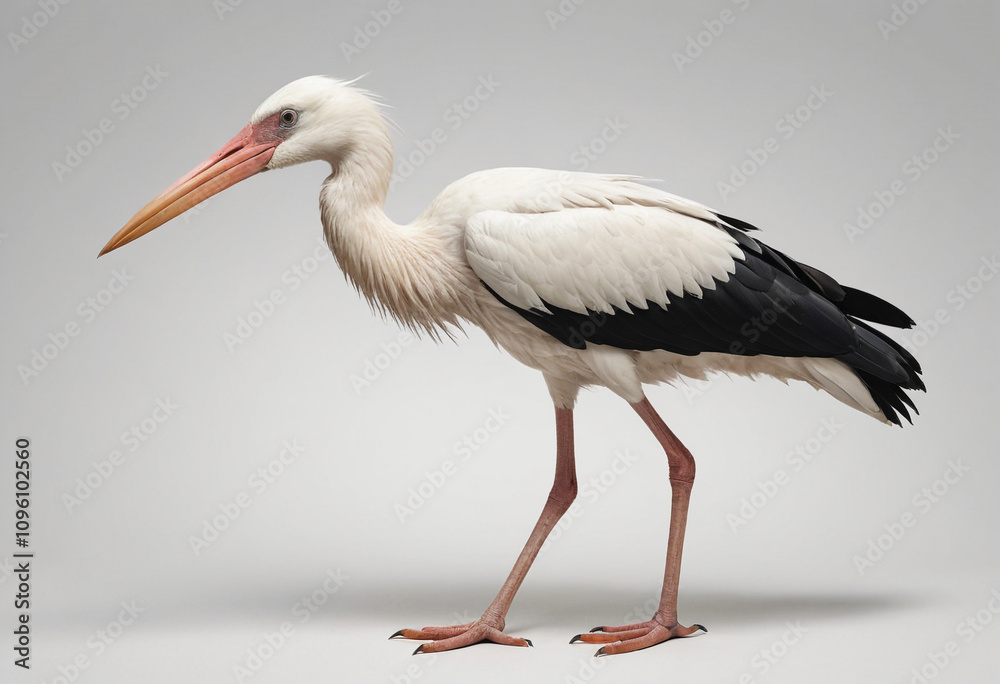 standard Stork right side view. Full figure visible, flat white background, no shadows, head and legs visible, ultra detailed, photorealistic 400mm lens, low angle standard Stork right side view. Full figure visible, flat white background, no shadows, head and legs visible, ultra detailed, photorealistic 400mm lens, low angle