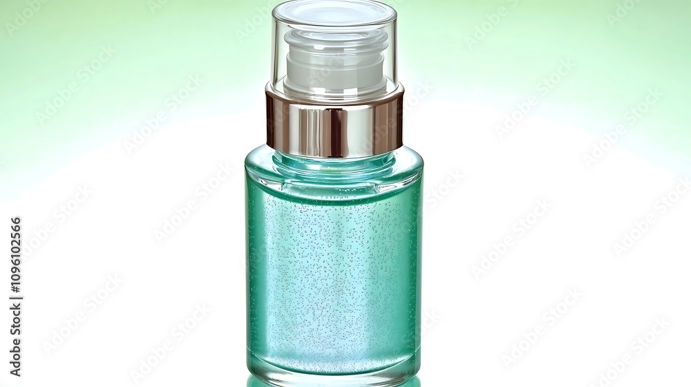 Clear teal liquid in a cylindrical bottle with a silver pump top against a green gradient background. Clear teal liquid in a cylindrical bottle with a silver pump top against a green gradient background.