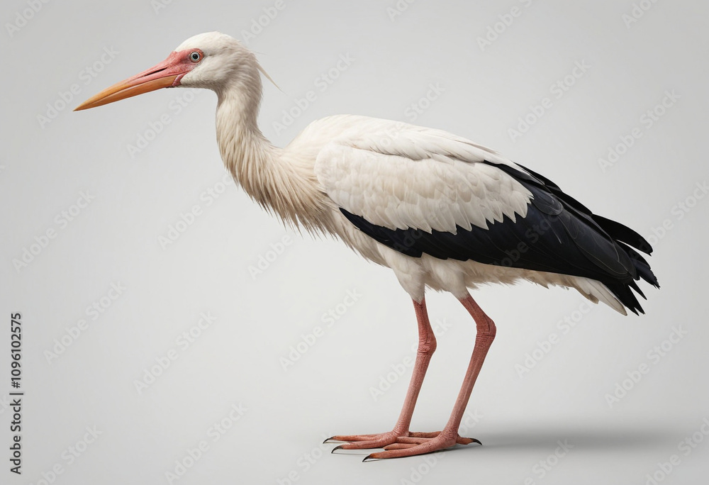 Fototapeta premium standard Stork right side view. Full figure visible, flat white background, no shadows, head and legs visible, ultra detailed, photorealistic 400mm lens, low angle 