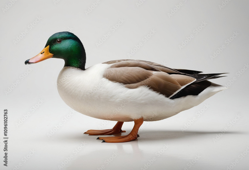  standard Duck right side view. Full figure visible, flat white background, no shadows, head and legs visible, ultra detailed, photorealistic 400mm lens, low angle 