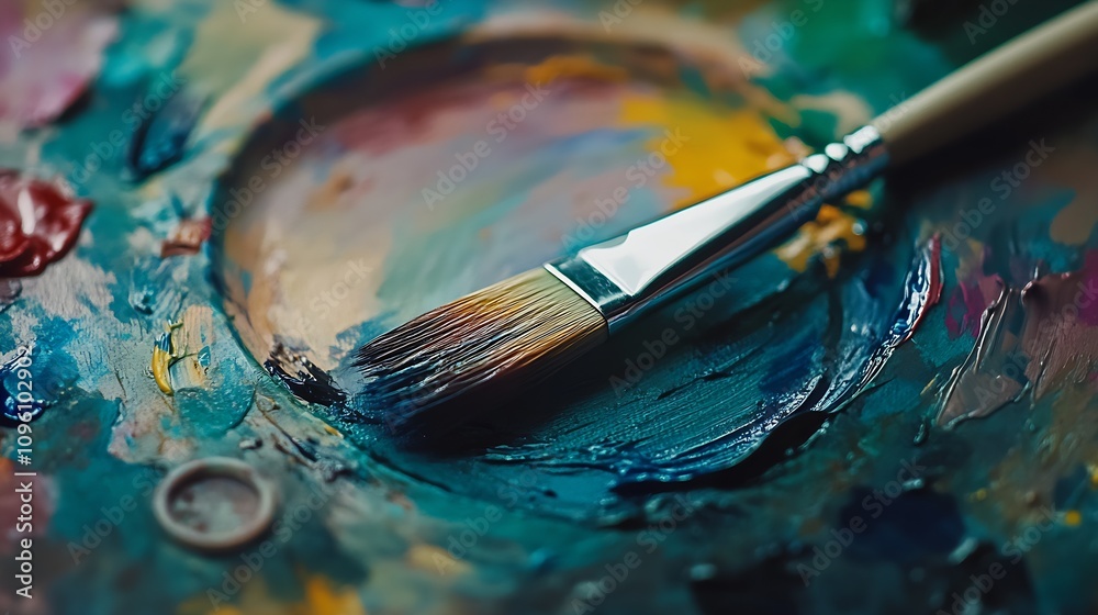 Fototapeta premium Close-up of Paintbrush on Vibrant Color Mixing Palette in Creative Art Studio Environment : Generative AI