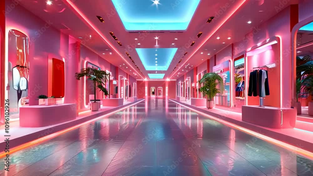 A modern shopping center interior with vibrant neon pink and blue lighting, a polished reflective floor, trendy storefronts on both sides with colorful displays, and decorative indoor plants. A modern shopping center interior with vibrant neon pink and blue lighting, a polished reflective floor, trendy storefronts on both sides with colorful displays, and decorative indoor plants.