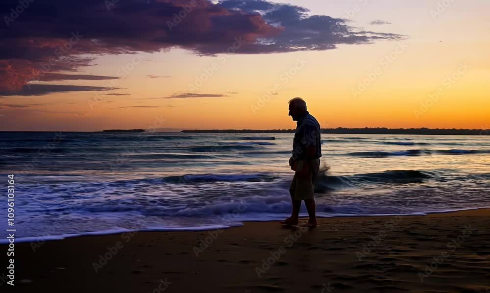 a tranquil beach sunset with a 64-year-old man walking along the shore a tranquil beach sunset with a 64-year-old man walking along the shore