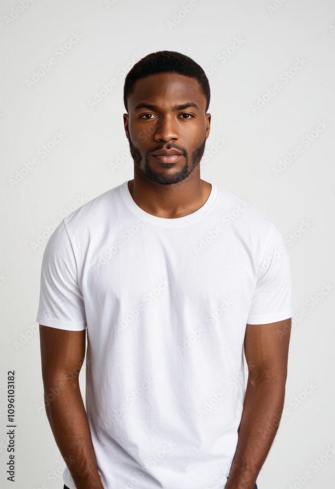 Portrait, African American man, neutral expression, short beard, white t-shirt, plain background, studio lighting, confident pose, high resolution, realistic, detailed skin texture, fashion photograph Portrait, African American man, neutral expression, short beard, white t-shirt, plain background, studio lighting, confident pose, high resolution, realistic, detailed skin texture, fashion photograph