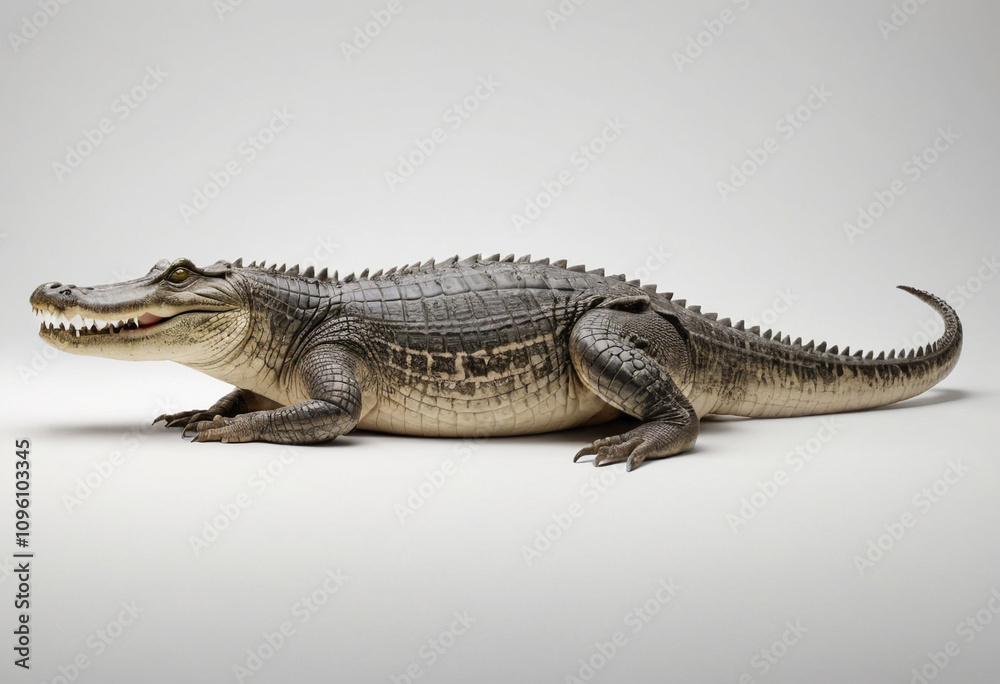 Naklejka premium standard Crocodile right side view. Full figure visible, flat white background, no shadows, head and legs visible, ultra detailed, photorealistic 400mm lens, low angle 