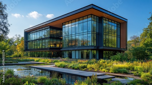 Modern glass building surrounded by lush greenery and water features.