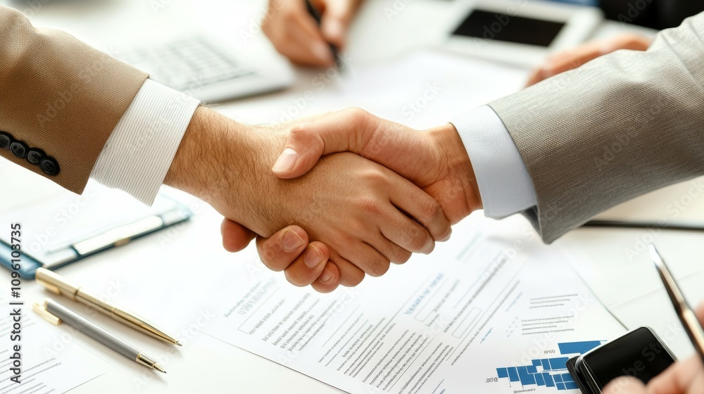 usinesspeople shaking hands over a desk with a contract and pen clipart, on white background usinesspeople shaking hands over a desk with a contract and pen clipart, on white background