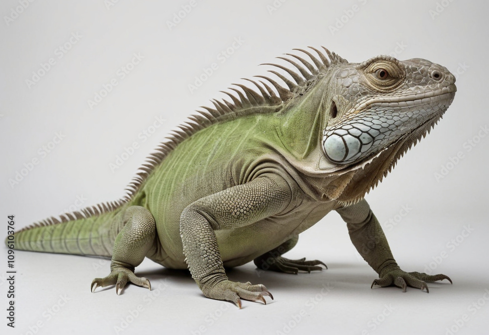Fototapeta premium standard Iguana right side view. Full figure visible, flat white background, no shadows, head and legs visible, ultra detailed, photorealistic 400mm lens, low angle