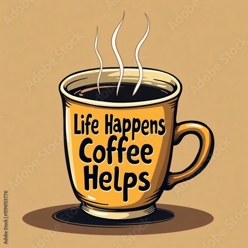 Cartoon Coffee Mug with 'Life Happens, Coffee Helps' Quote
