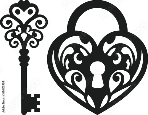 Ornate Heart Padlock and Key Silhouette Vector Illustration
