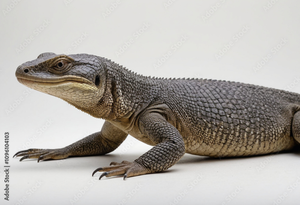 Obraz premium standard Monitor Lizard right side view. Full figure visible, flat white background, no shadows, head and legs visible, ultra detailed, photorealistic 400mm lens, low angle