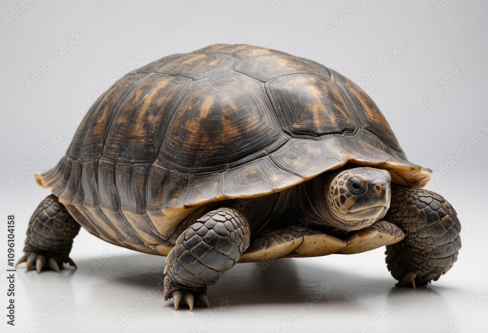 Obraz premium standard Tortoise right side view. Full figure visible, flat white background, no shadows, head and legs visible, ultra detailed, photorealistic 400mm lens, low angle 