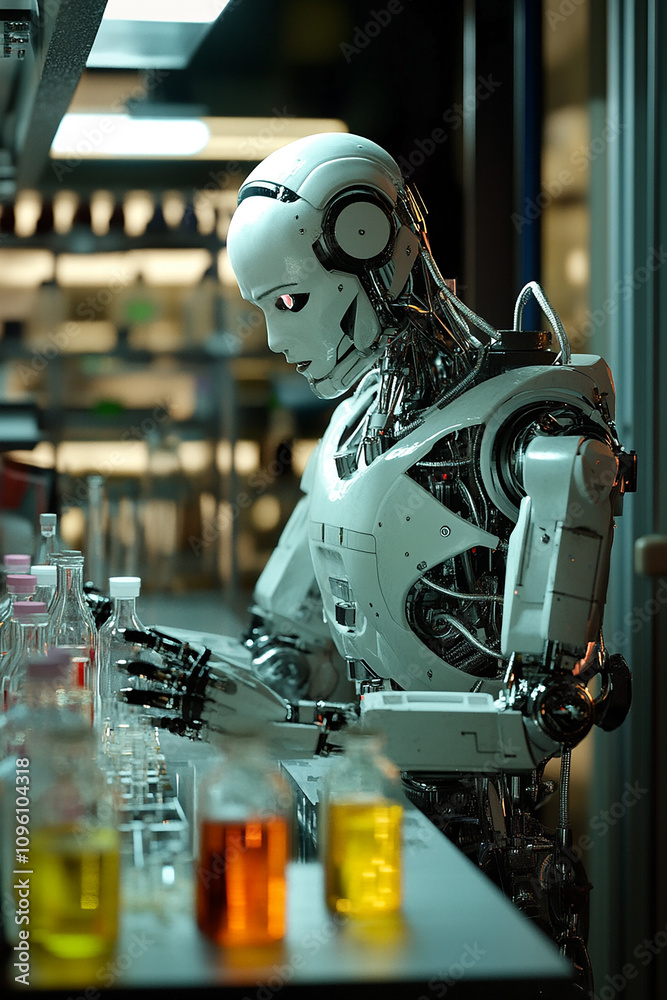 a robot working in lab using chemicals generated by AI a robot working in lab using chemicals generated by AI