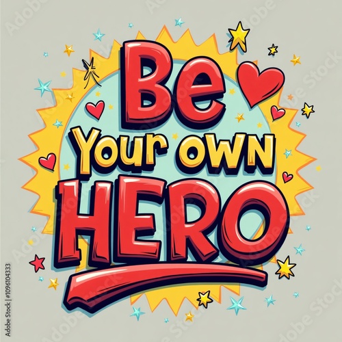 Motivational T-Shirt Design: Be Your Own Hero with Cartoon Stars and Hearts