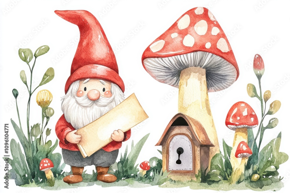 Obraz premium A cheerful gnome stands beside a large mushroom and a tiny house, surrounded by colorful plants in a whimsical garden scene.