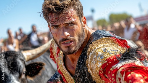 Fearless matador engages in dramatic bullfight under the bright sun at a lively outdoor event