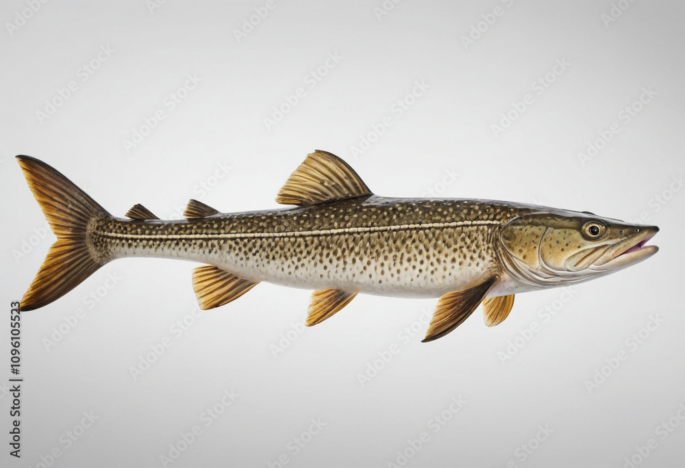 standard Pike right side view. Full figure visible, flat white background, no shadows, head and legs visible, ultra detailed, photorealistic 400mm lens, low angle standard Pike right side view. Full figure visible, flat white background, no shadows, head and legs visible, ultra detailed, photorealistic 400mm lens, low angle