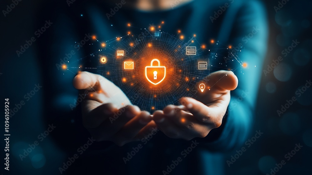 A business man professional is holding up an security icon A business man professional is holding up an security icon