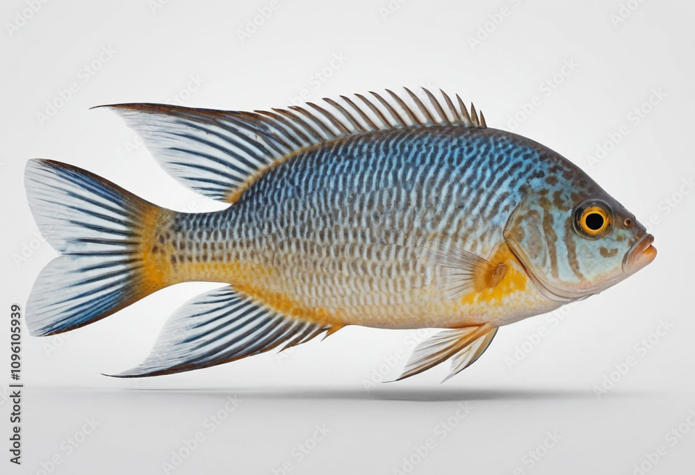 standard Cichlid right side view. Full figure visible, flat white background, no shadows, head and legs visible, ultra detailed, photorealistic 400mm lens, low angle standard Cichlid right side view. Full figure visible, flat white background, no shadows, head and legs visible, ultra detailed, photorealistic 400mm lens, low angle