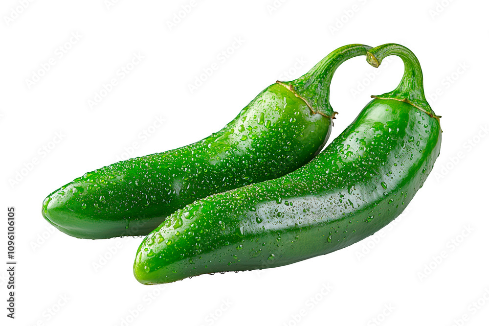Two green chili peppers with water drops isolated on a cutout PNG transparent background Two green chili peppers with water drops isolated on a cutout PNG transparent background