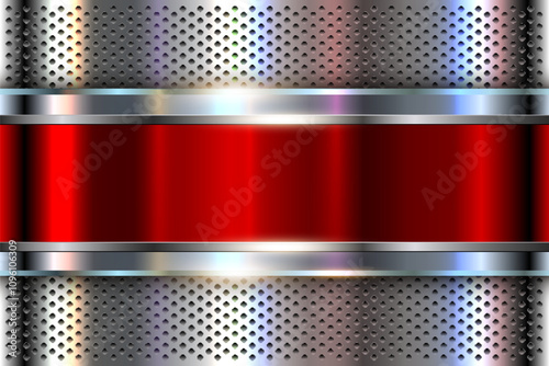 Silver red metal background, shiny chrome metallic texture with red metal banner.