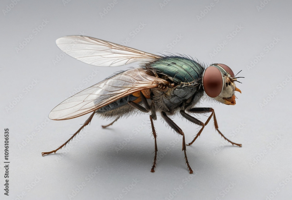 Fototapeta premium standard Fly right side view. Full figure visible, flat white background, no shadows, head and legs visible, ultra detailed, photorealistic 400mm lens, low angle